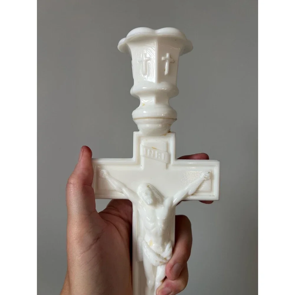 Vintage Milk Glass Crucifix Candle Holder